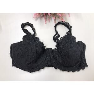 Vintage Delicates Black Bra 38D Lace Underwired Lightly Padded Embroidery Lace